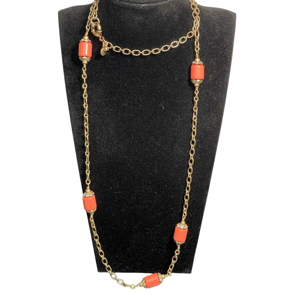 J. Crew Gold Tone Necklace with Coral Resin Cylinder Beads 32"